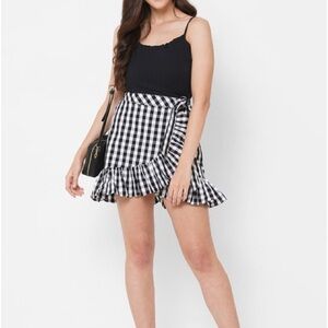 Black & White Gingham Ruffled Wrap Mini Skirt